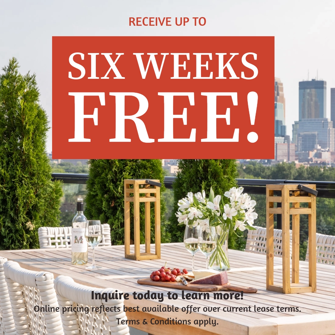 Receive up to Six Weeks Free! Inquire today to learn more! Online pricing reflects best available offer over current lease terms. Terms & Conditions apply.